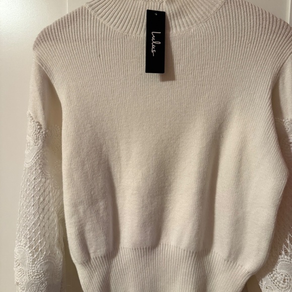Lulus Dearest Details White Mock Neck Lace Sleeve Sweater - Size M - Picture 3 of 10